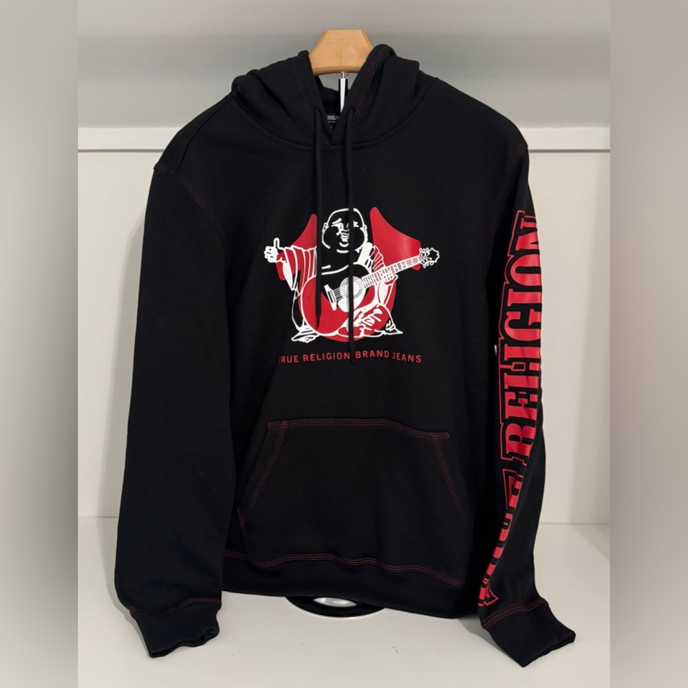 True Religion Arch Logo Black Buddha Hoodie with Red and White Graphic Sz:M NWT